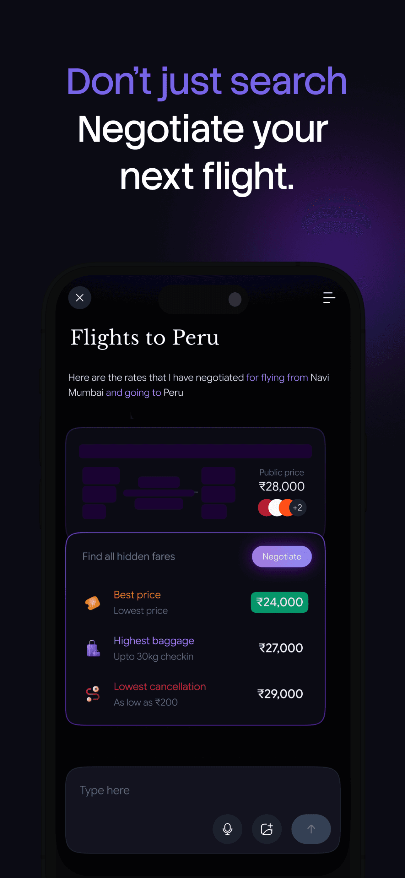 Away app revealing hidden fares — public fare ₹28,000 negotiated down to ₹24,000 with baggage and cancellation options